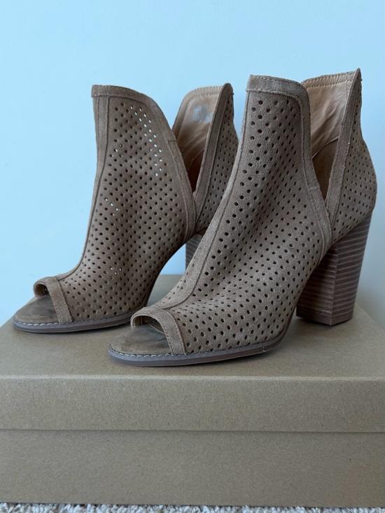 Lucky Brand Shoes - Lucky Brand Suede Perforated Peep-Toe Block Heel Booties - Taupe